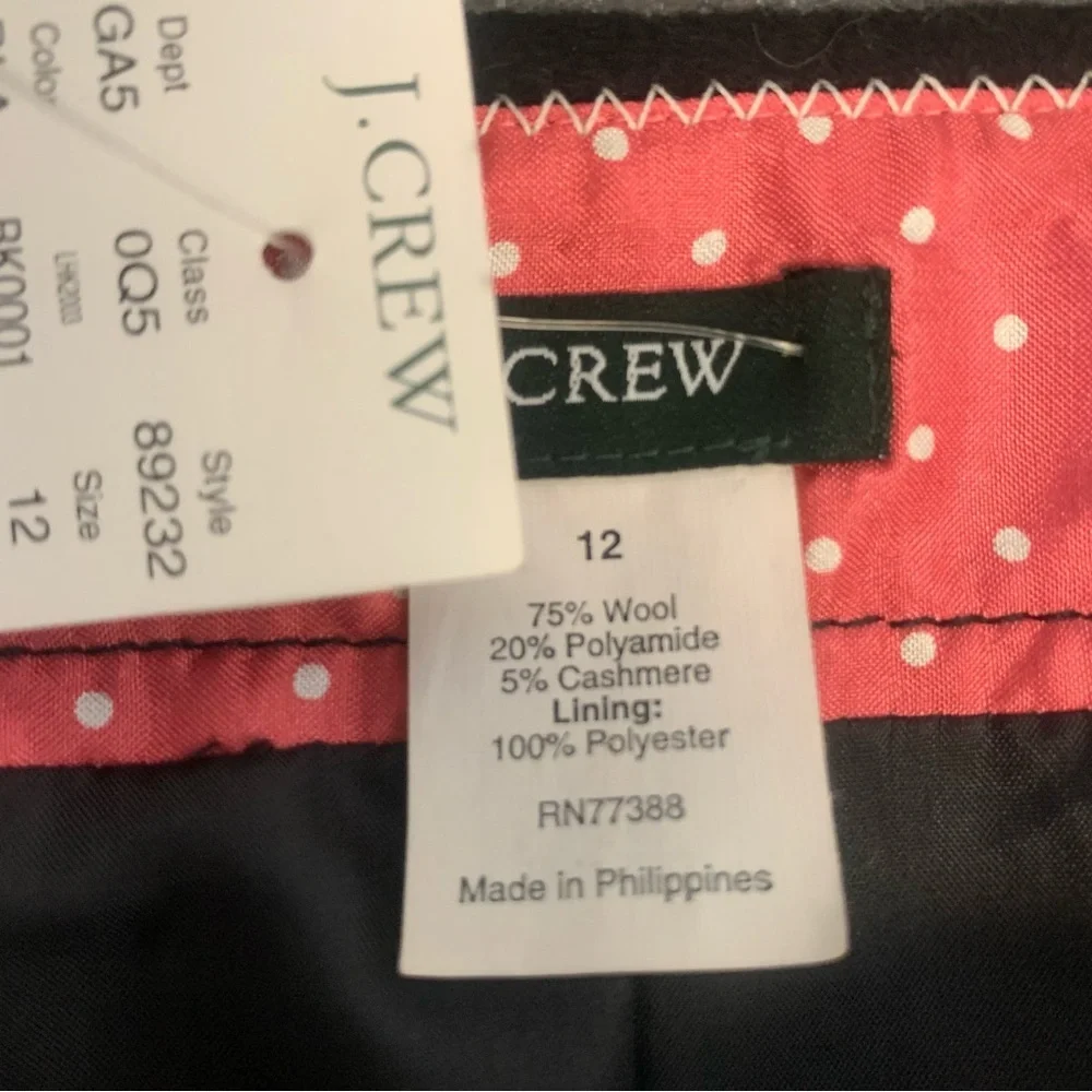 J. Crew New With Tags Wool and Cashmere Blend Black Skirt Button Accents Size 12